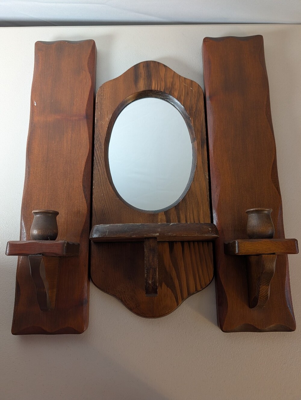 Vintage Wood Wall Mirror with Shelf Pair Candle Holder Wall Sconces